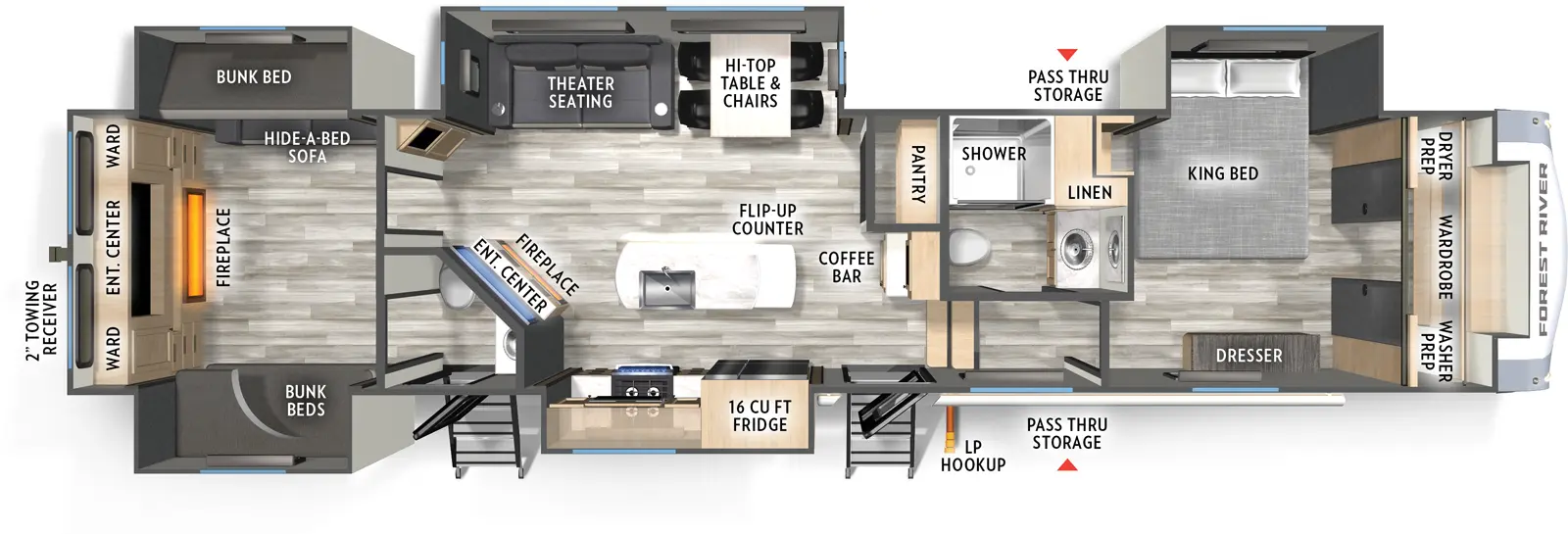 The 37BEST has four slideouts and two entries. Exterior features pass-through storage, and LP hookup. Interior layout front to back: front wardrobe with washer/dryer prep, off-door side king bed slideout and linen closet, and door side dresser; off-door side full bathroom; steps down to entry and main living area; coffee bar with overhead cabinet and pantry along inner wall; off-door side slideout with hi-top with chairs, and theater seating; kitchen island with sink; door side slideout with refrigerator, pantry, and kitchen counter with cooktop, and overhead cabinet with microwave; angled entertainment center with fireplace below along inner wall; rear bunk room with off-door side slideout with hide-a-bed below a bunk bed, rear entertainment center with wardrobe storage and fireplace below, and door side slideout with bunk beds, and half bathroom with second entry.